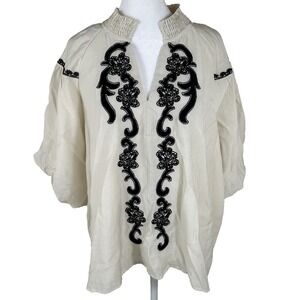 Style U Peasant Blouse Women XL Cream Embroidered Boho Puff‎ Sleeve WC4360